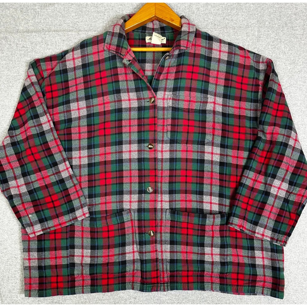 Eddie Bauer Flannel Overshirt Womens XXL Red Plaid Cotton Button 3/4 Sleeve